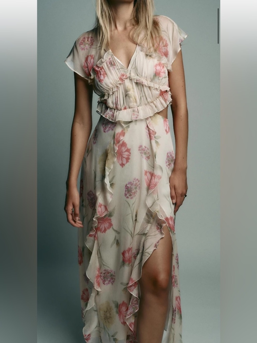 Zara Floral Ruffle Flowy Wedding Guest Fairycore Dress Sheer Chiffon Cream NWT S - Picture 10 of 11